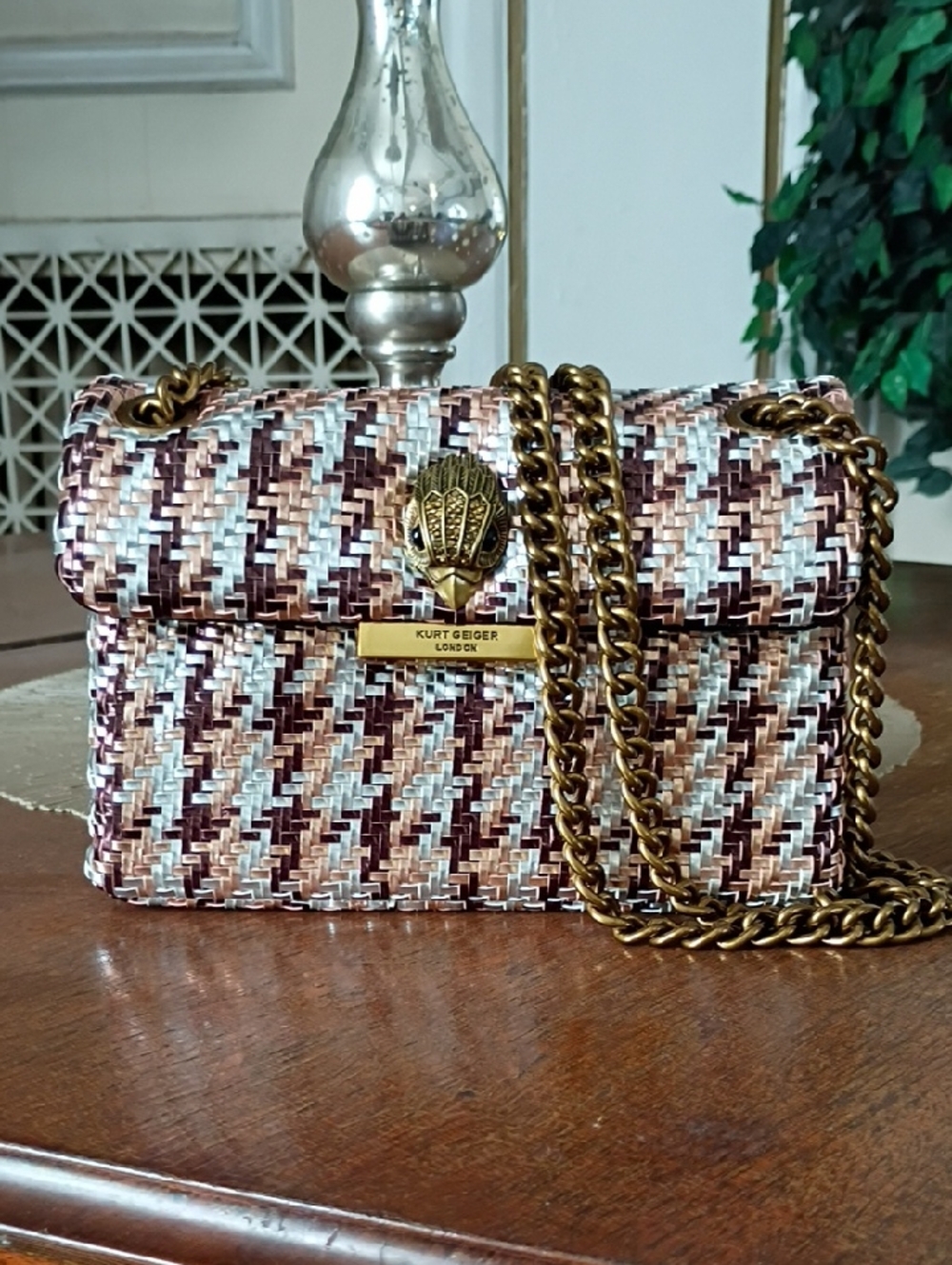 Kurt Geiger Kensington Bag In Metallic Neutrals with Antique Gold Toned Chain
